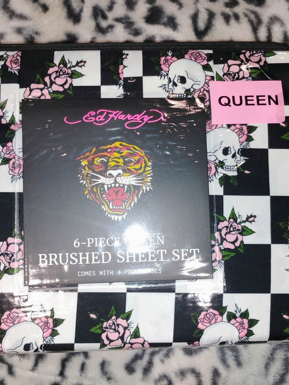 Ed Hardy Queen Brushed Sheet Set - Black, White & Pink Floral Skull Check